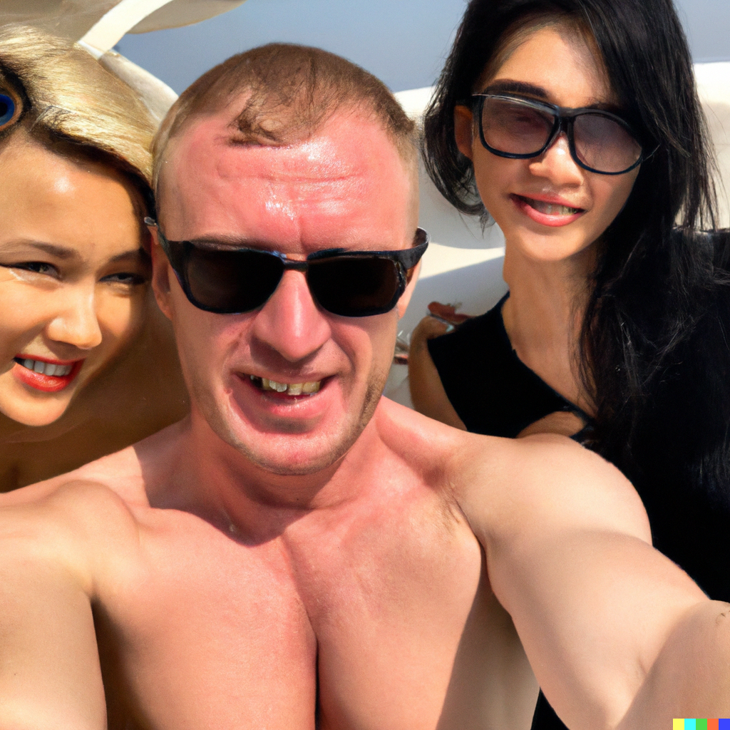 DALL E 2023-02-09 00.02.06 - A selfie photo of a Russian oligarch on a yacht with 2 women in bikinis.png