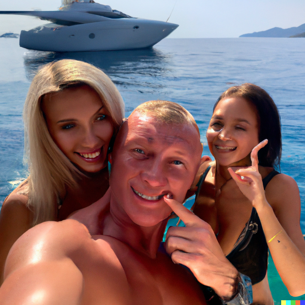 DALL E 2023-02-09 00.01.40 - A selfie photo of a Russian oligarch on a yacht with 2 women in bikinis.png