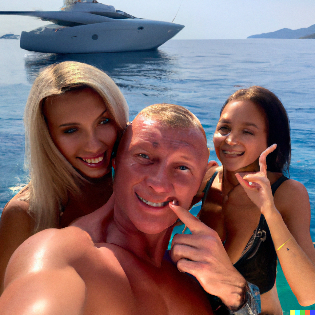 DALL E 2023-02-09 00.01.40 - Ein Selfie-Foto eines russischen Oligarchen auf einer Yacht mit 2 Frauen in Bikinis.png