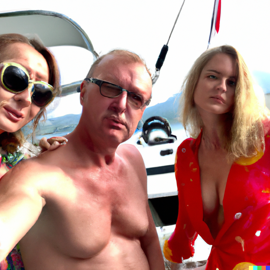 DALL E 2023-02-09 00.11.59 - Ein Selfie-Foto eines russischen Oligarchen auf einer Yacht mit 2 Frauen in Bikinis.png