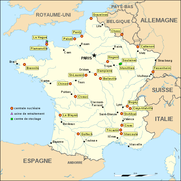 carte de France des centrales nucléaires, usines et sites de stockage